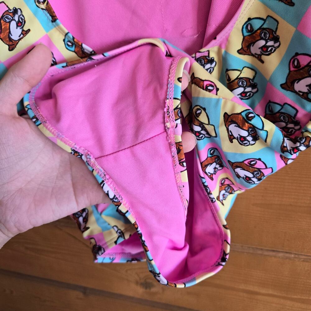 Buc-ee's One Piece Swimsuit Pastel Color Block Preppy Grid Pink S Beaver Logo - Picture 5 of 6